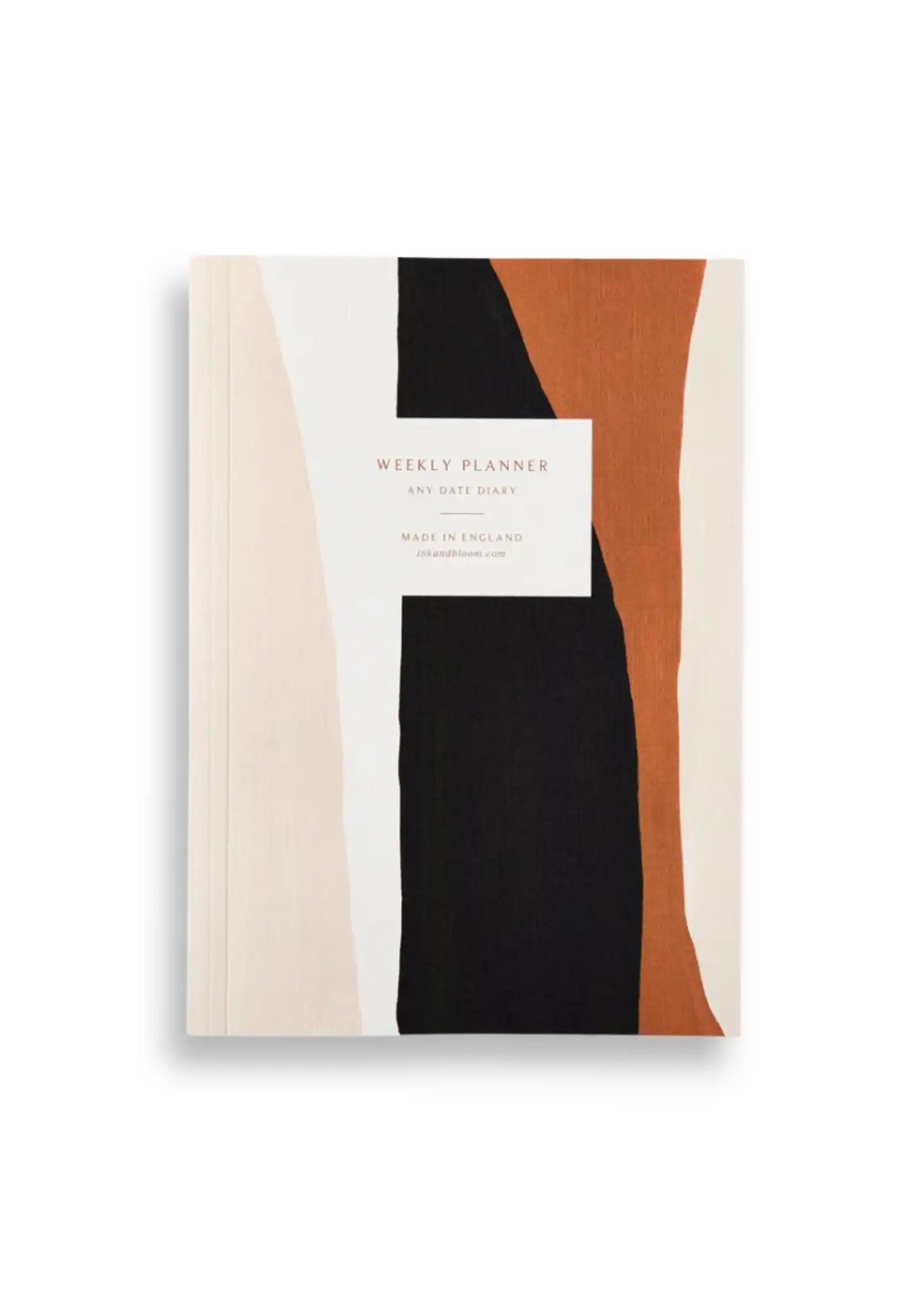 Schöner Wochenplaner mit undatierten Seiten von Ink & Bloom aus England, mit abstraktem Muster in weiß, creme, schwarz und orange.