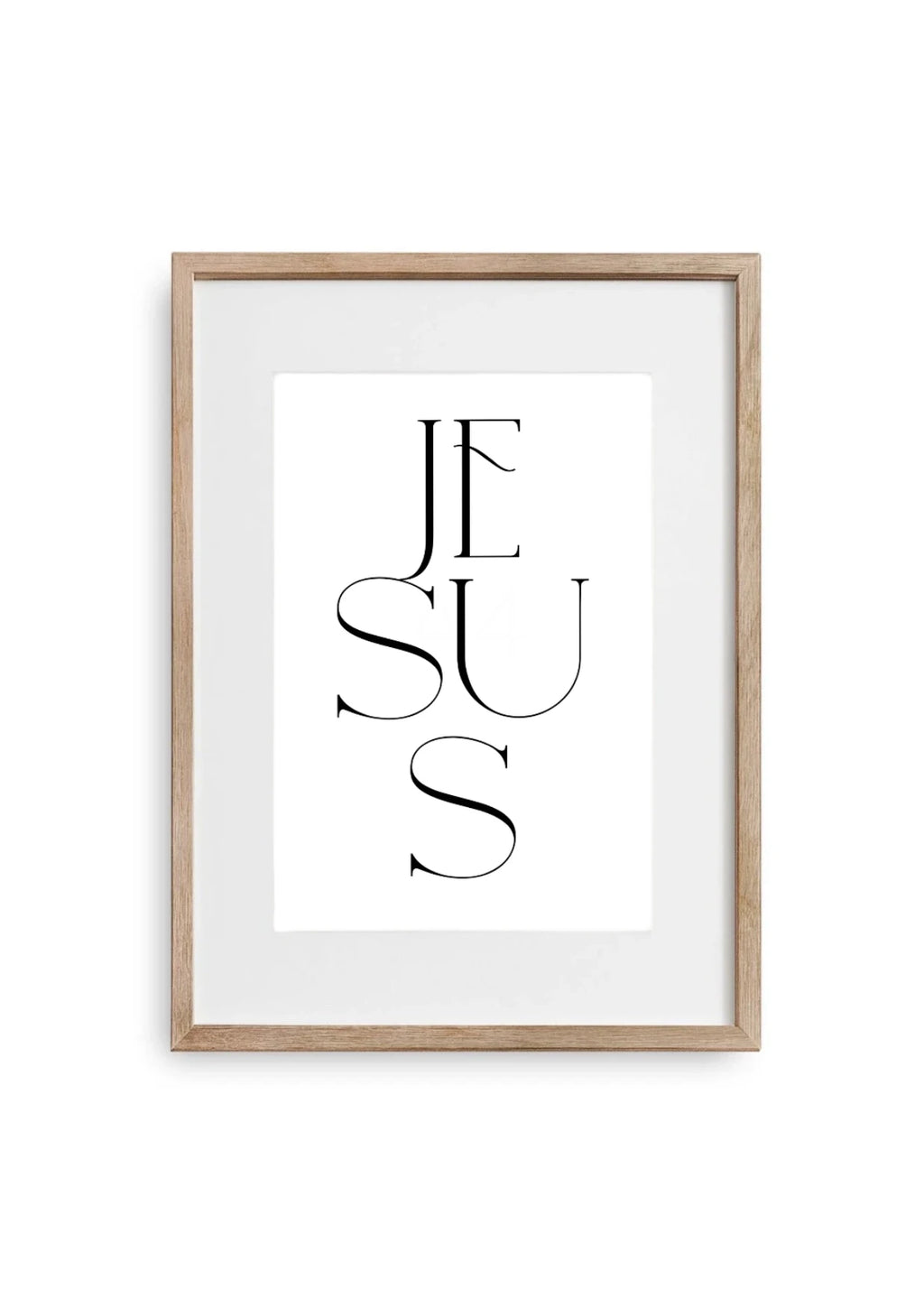 Helles Poster im Bilderrahmen aus Holz mit Jesus Schriftzug