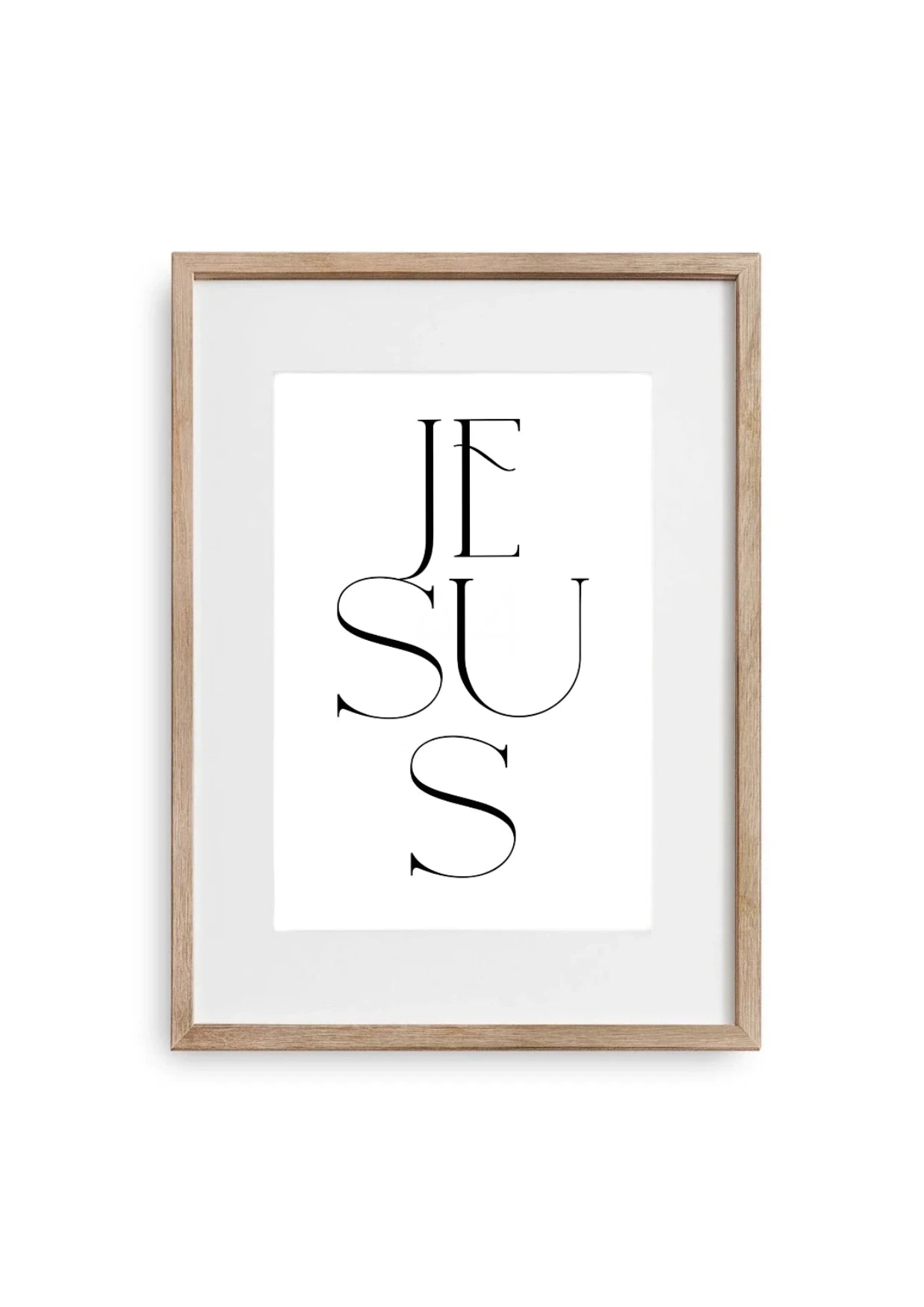 Helles Poster im Bilderrahmen aus Holz mit Jesus Schriftzug