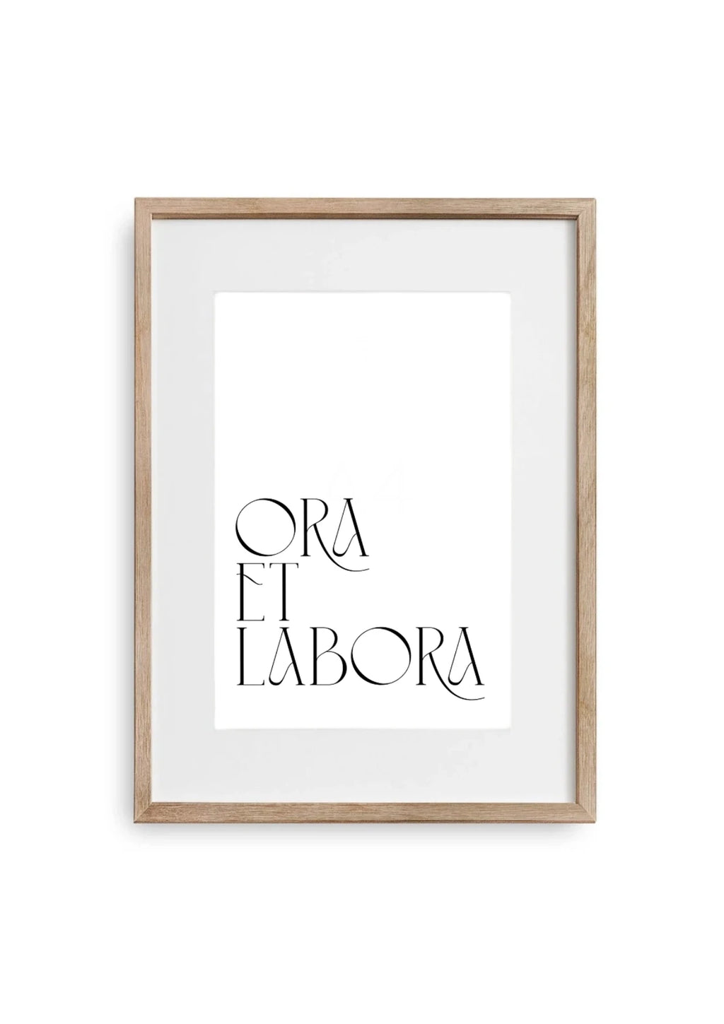 Helles Poster im Bilderrahmen aus Holz mit Ora et Labora Schriftzug