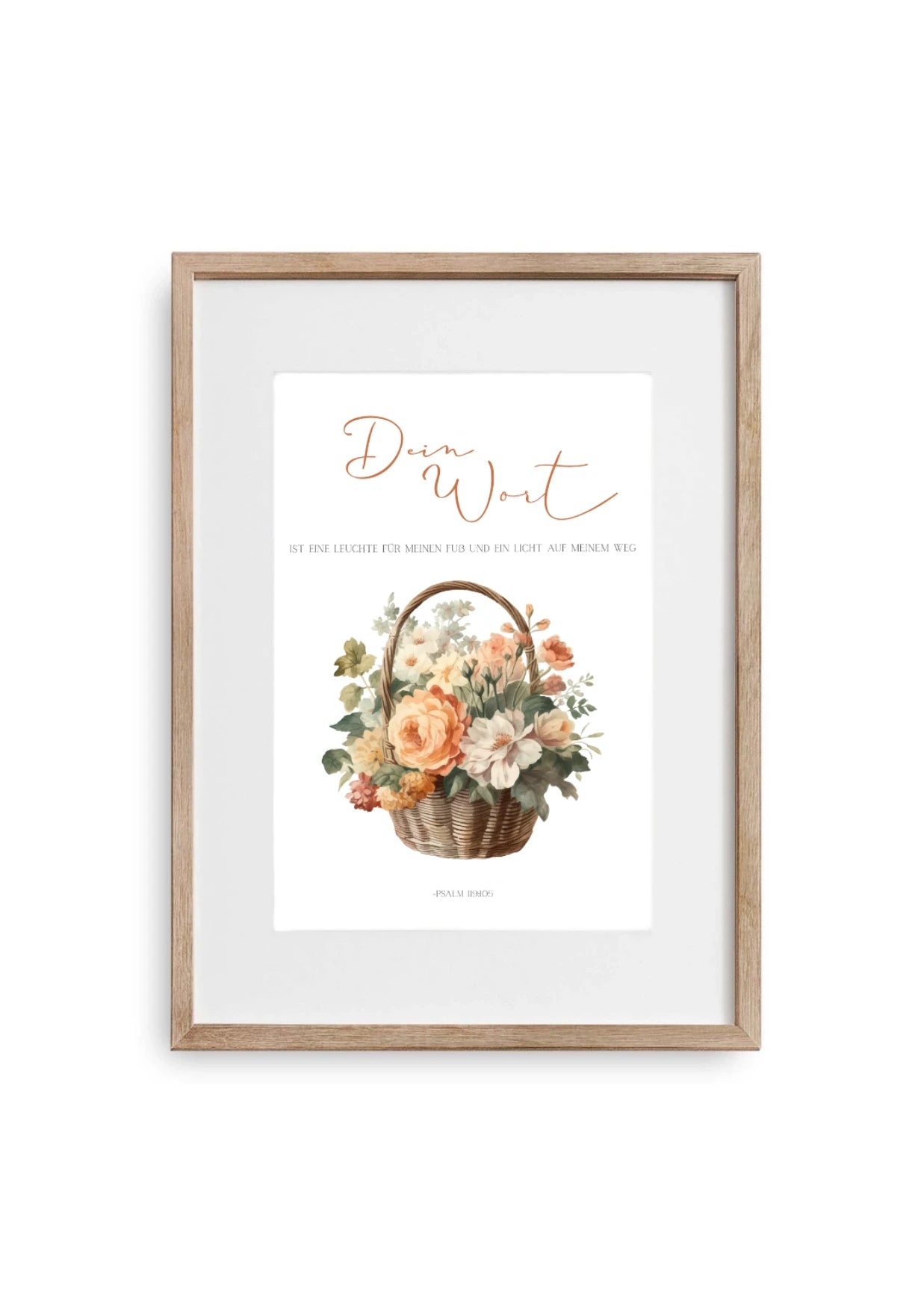 Christliches Bild mit Buntem Blumenkorb im A4 Bilderrahmen aus Holz