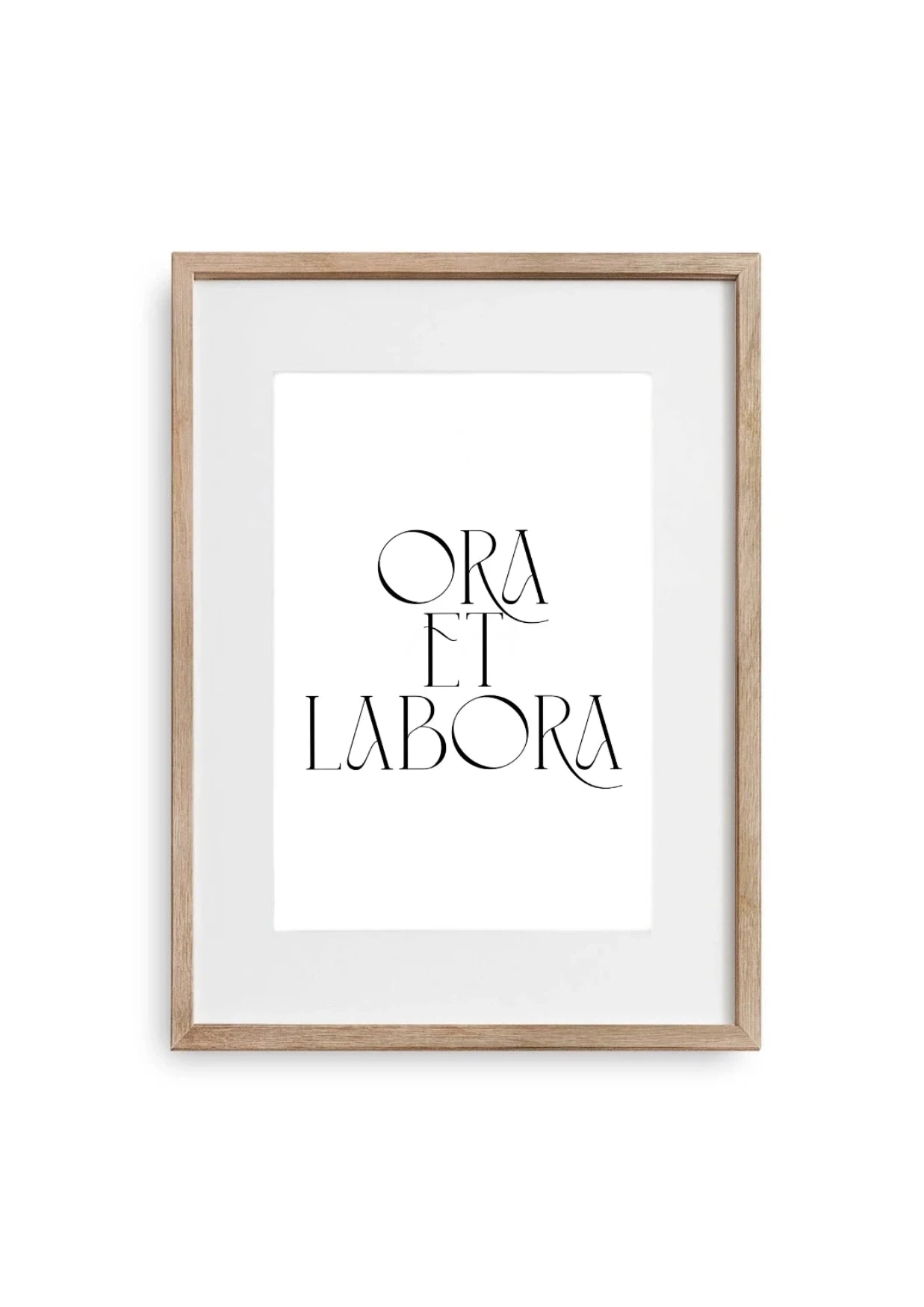 Christliches Bild mit Ora et Labora Text mit Hintergrund in Grau im A4 Bilderrahmen aus Holz