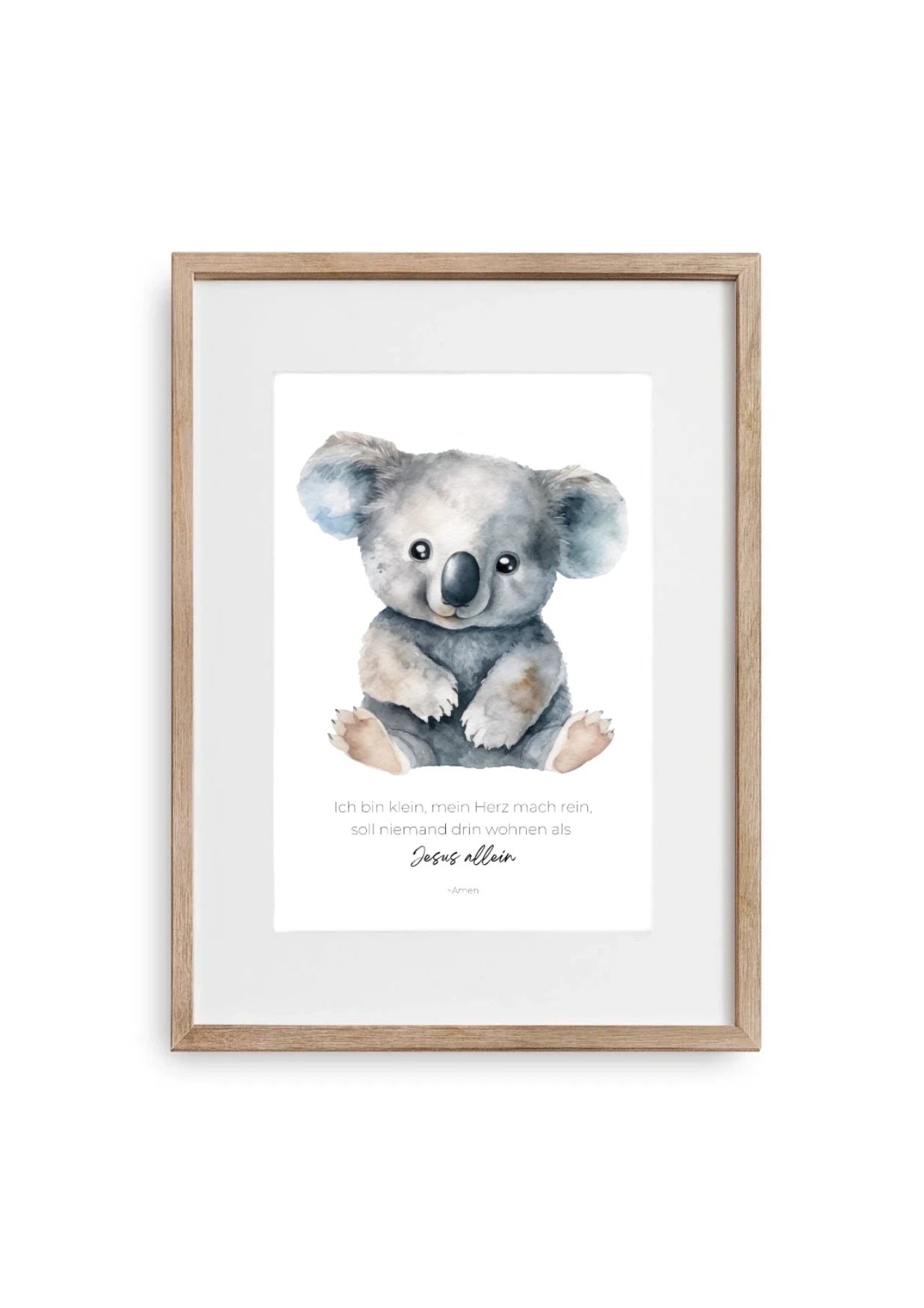 Christliches Bild für Kinderzimmer mit Bibelvers und Koala im Bilderrahmen aus Holz