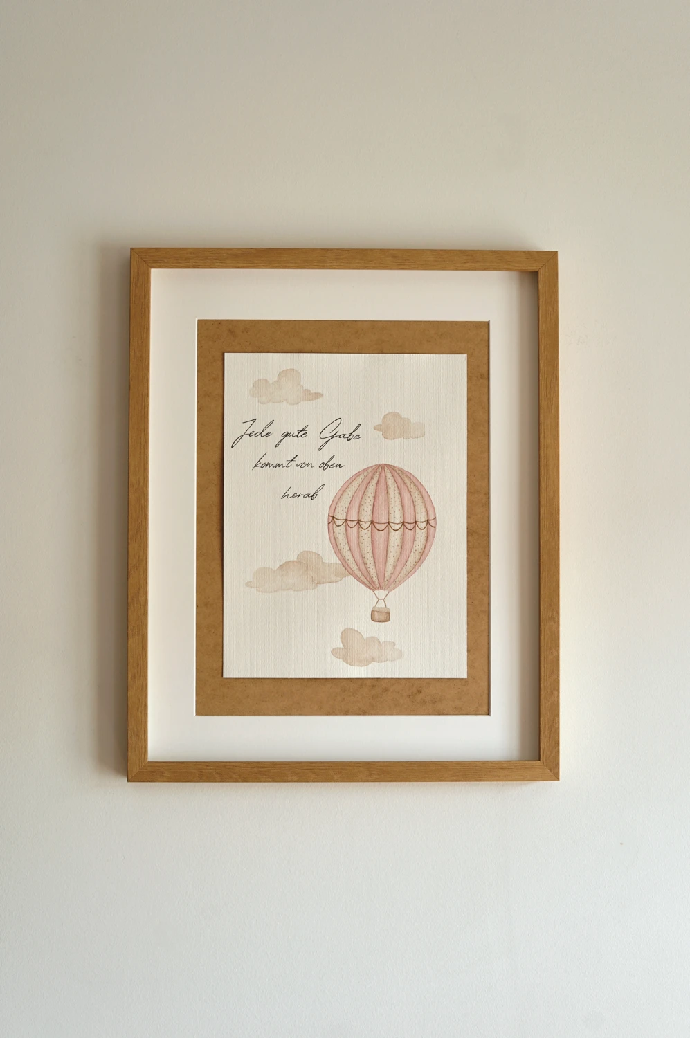 Heißluftballon Aquarellbild für Kinder mit Christlichem Vers im Holz Bilderrahmen 