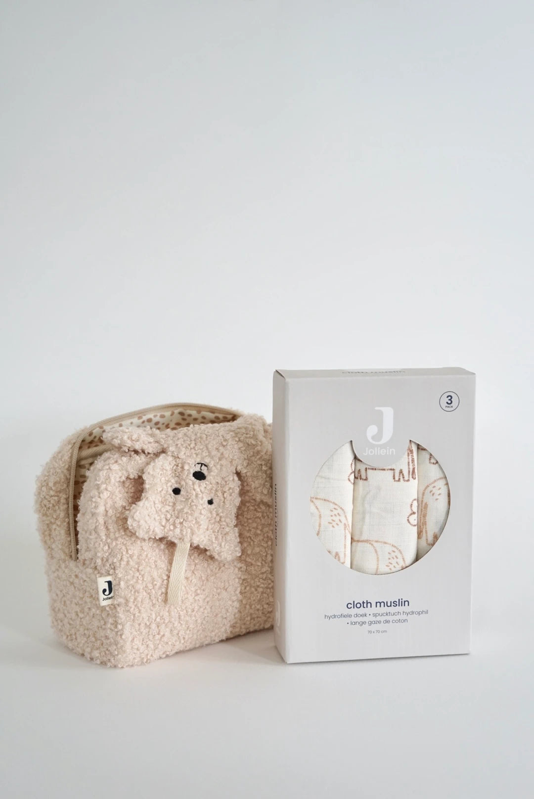 Eine schön Gestaltete Geschenkbox für Neugeborene von swz-art mit Beutel in teddystoff, ein Schmusetuch Teddy Bear und ein 3er Set spücktücher mit elefantmuster